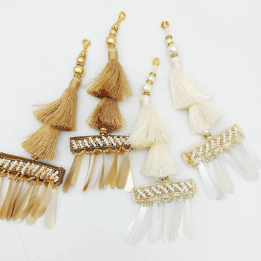 White Tassels With Long White Sequins And White and Gold Seed Pearl Beads, Beaded Thread Tassel Charms, 2 Pcs